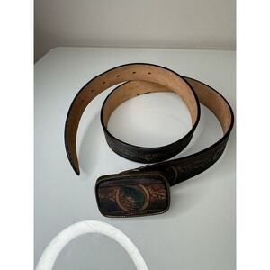 Vintage Large Mouth Bass Belt & Buckle Fisherman Scene *See Info* Brass Fish